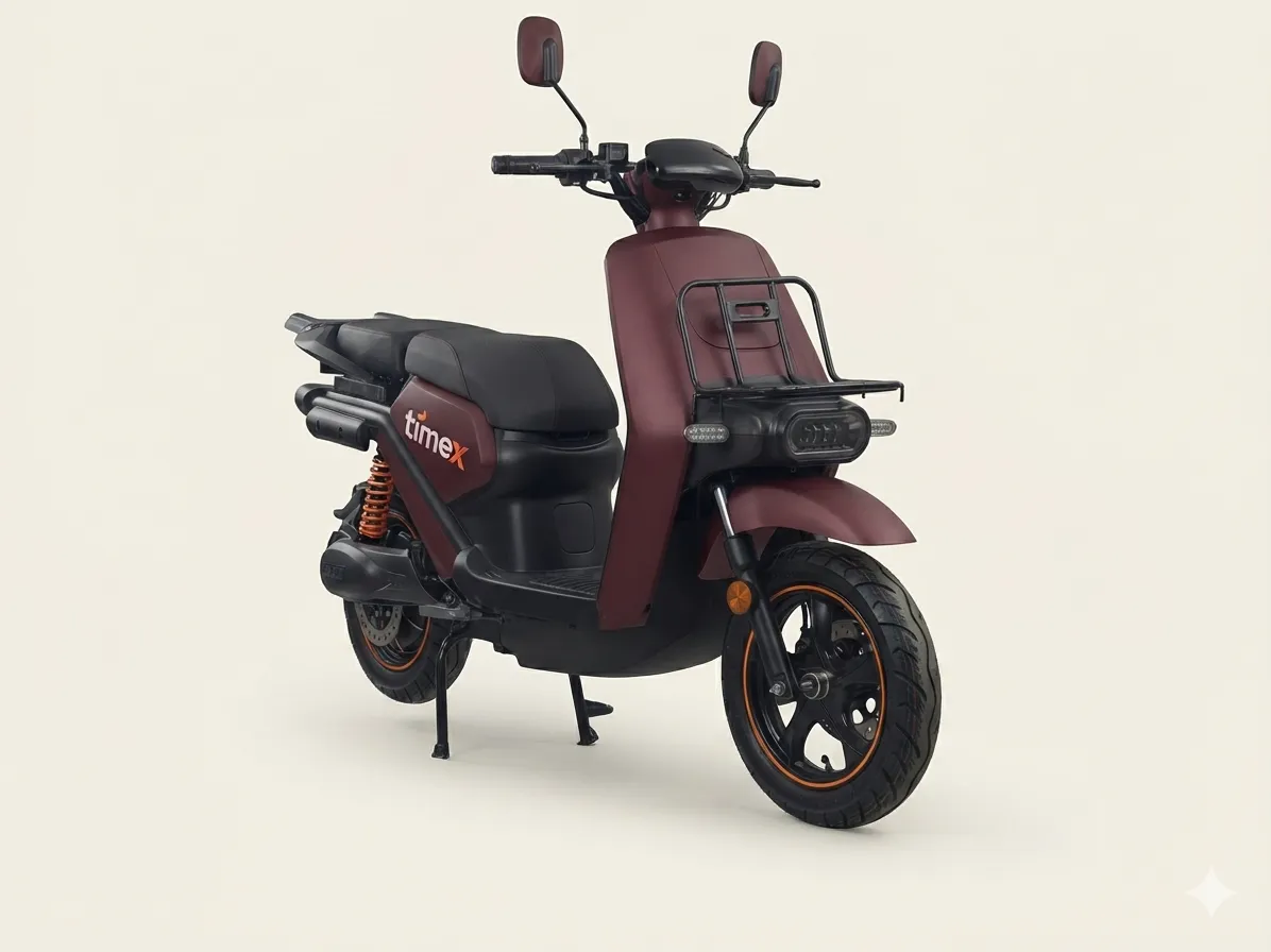 timeX-branded electric motorbike in maroon