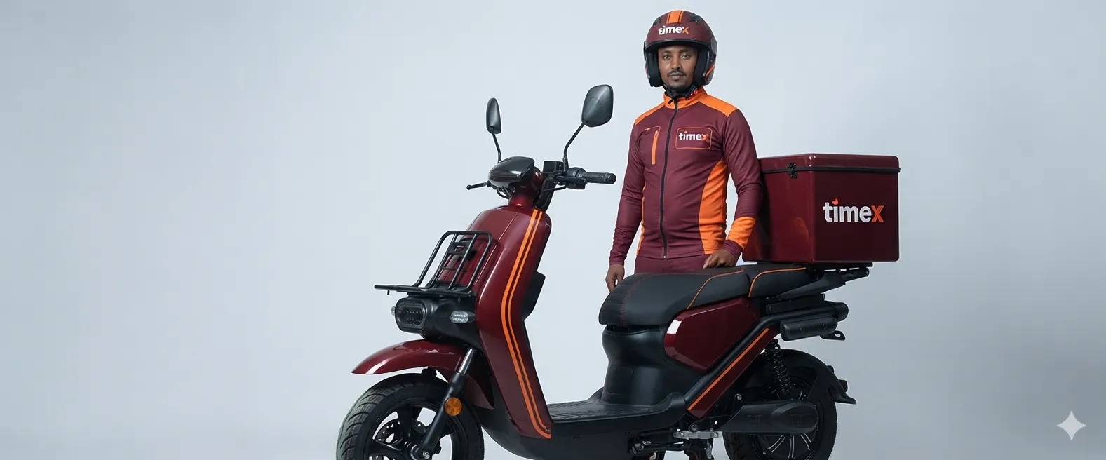 timeX rider in branded jacket and helmet beside a timeX electric motorbike